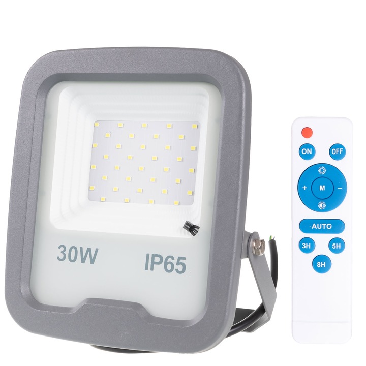 Proiector led 30W cu senzor crepuscular si telecomanda, Gri, Lumina Rece, 2700Lm, IP65