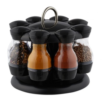 Set condimente 8 recipiente cu suport rotativ, Relaxdays, negru Set condimente 8 recipiente cu suport rotativ, Relaxdays, negru