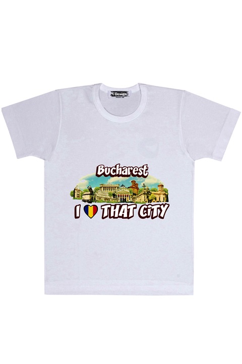 Tricou personalizat cu mesaj, U-Design, I Love That City, serigrafie policromie , XL INTL, alb