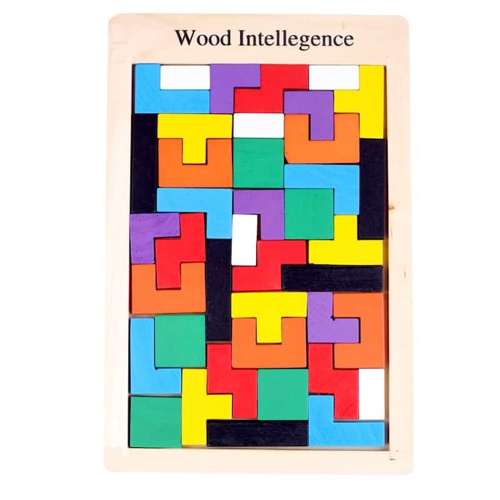 Joc educativ din lemn Tetris, piese colorate, stimuleaza gandirea si logica