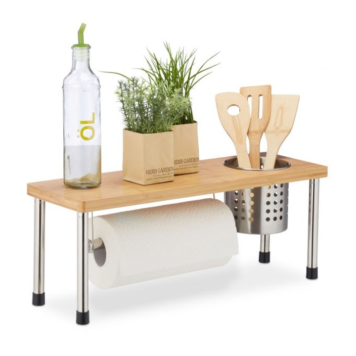 Raft pentru bucatarie RelaxDays cu suport pentru rola de hartie si ustensile de bucatarie, bambus, natur/argintiu, 21 x 55 x 18 cm