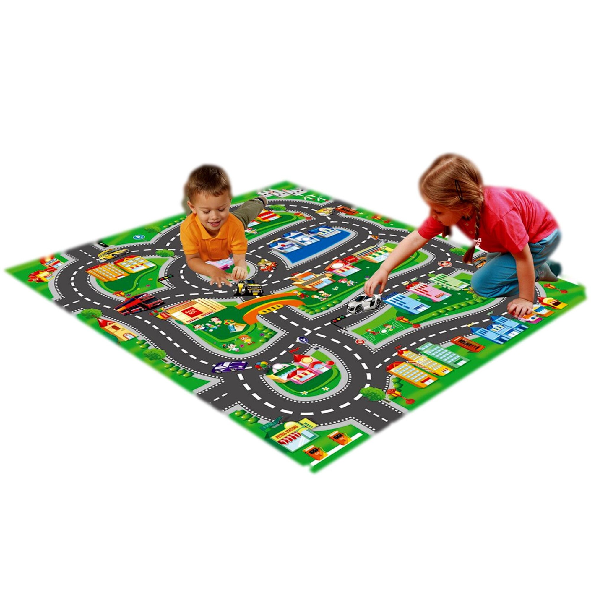 Set 4 masinute cu accesorii de circulatie incluse si Covoras de joaca trafic 70x80 cm