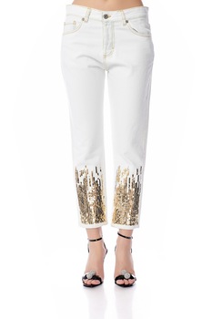 Pantaloni de dama, din denim, cu paiete aplicate, Stella, CuAnna, Alb, S Pantaloni de dama, din denim, cu paiete aplicate, Stella, CuAnna, Alb, S