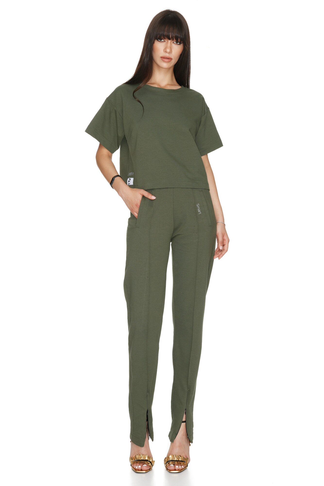 Pantaloni de dama, din bumbac, Kana, CuAnna, Kaki