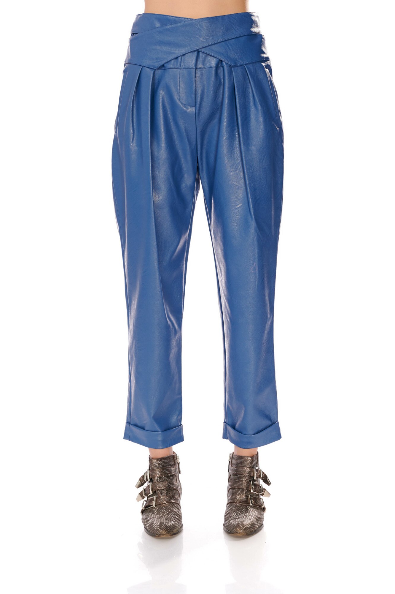 Pantaloni de dama din piele ecologica, cu talie inalta si croiala lejera, CuAnna, Albastru, M