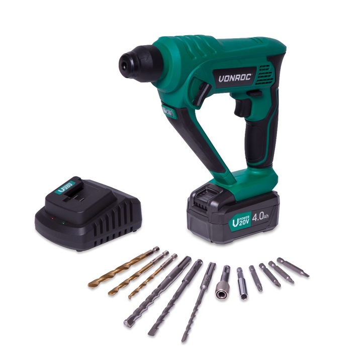 Ciocan rotopercutor VONROC, S3_RH501DC, 20V, inclusiv 1 baterie 4.0 Ah si incarcator, burghie, adaptor magnetic si varfuri