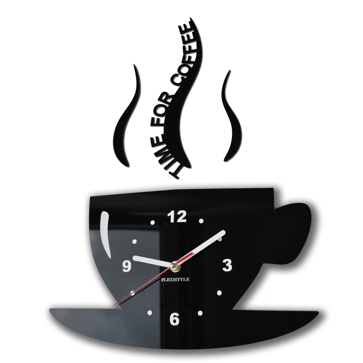 Ceas decorativ de perete, FLEXISTYLE, Time for Coffeee, Analogic, Negru/Alb, 42x32 cm