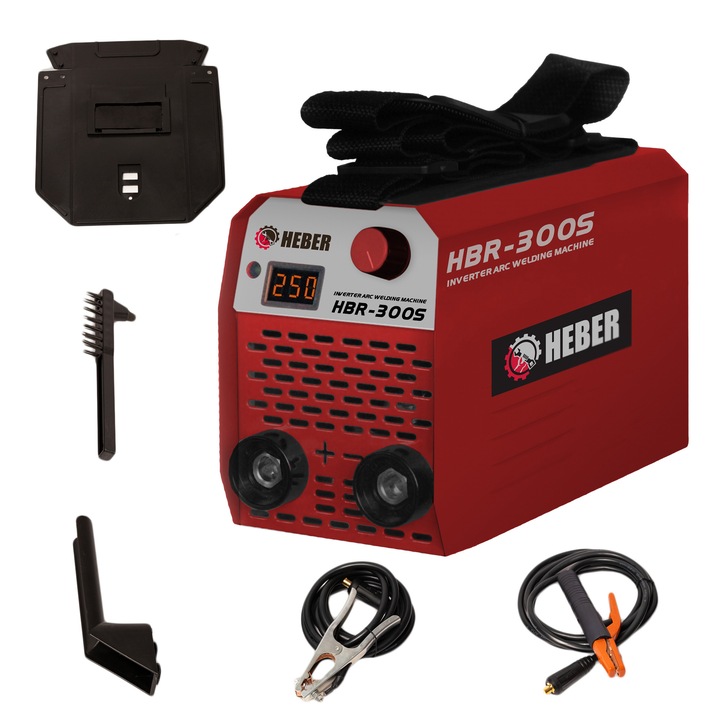 Aparat de sudura HEBER® HBR-300S, TIP INVERTOR, MMA 250A, reglare curent de sudura, tehnologie IGBT, afisaj LCD, protectie supraincalzire, 220 V, Rosu