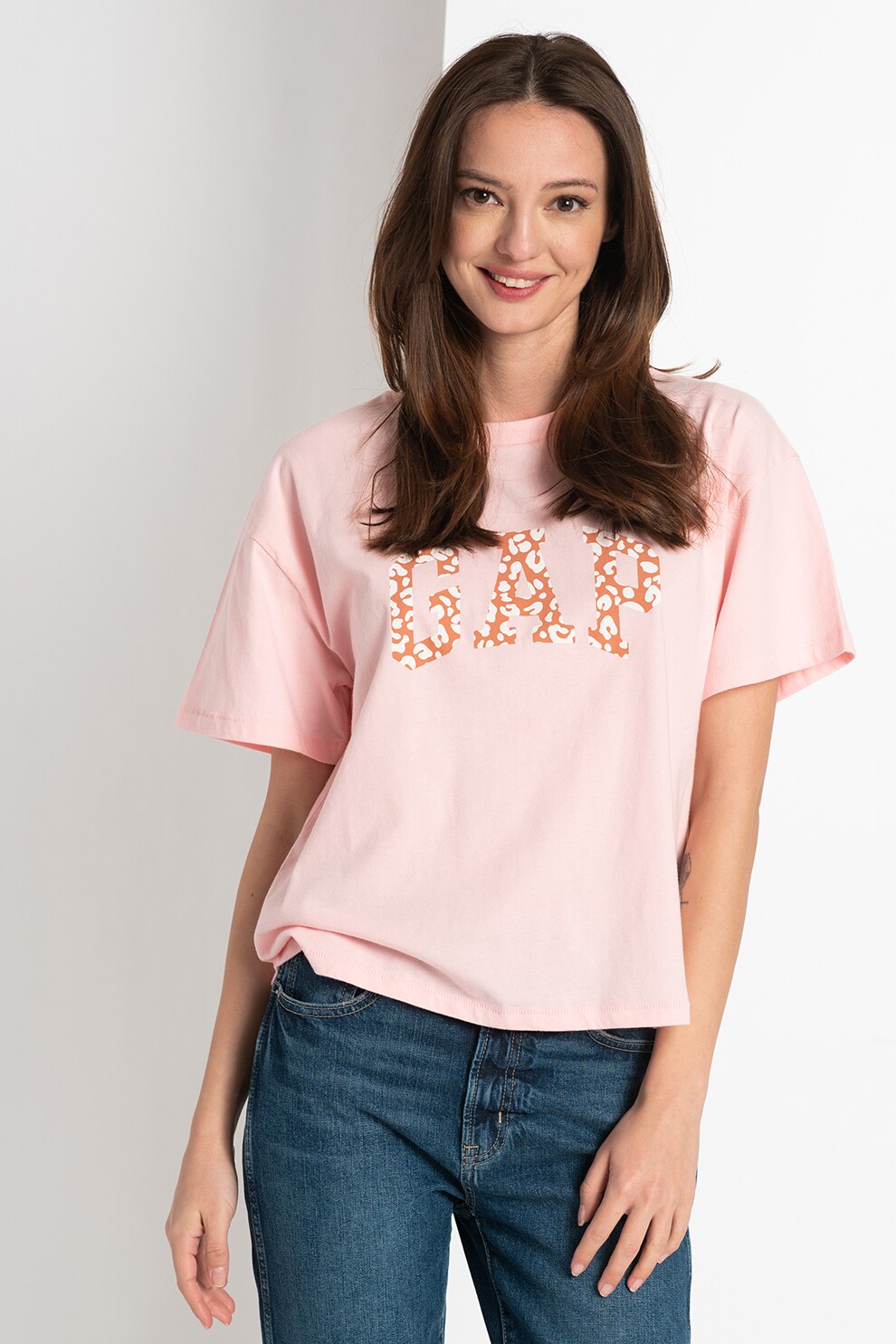 GAP, Tricou cu decolteu rotund si imprimeu logo, Roz pal