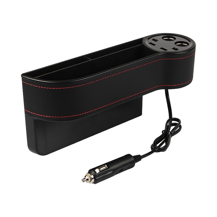Autó elegáns tároló doboz, 2db szivargyújtó és 2db 2.1A USB aljzat, fekete