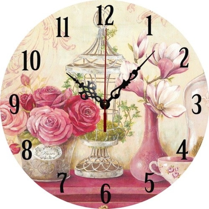 Ceas perete, analog, rotund, din lemn, diametru 34 cm, cifre arabe, multicolor