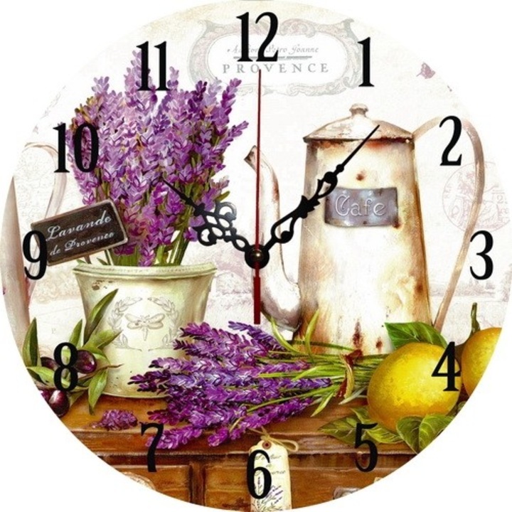 Кръгъл дървен стенен часовник, лилав флорален мотив, диаметър 34 см