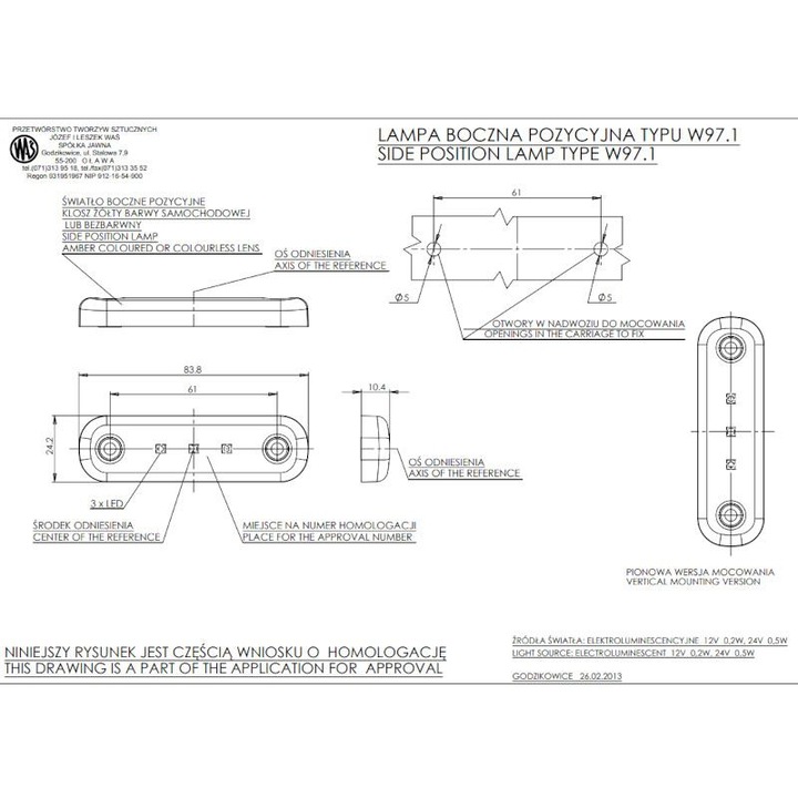 Lampa gabarit 84x24, LED, slim, galbena, W97.1 708 Was