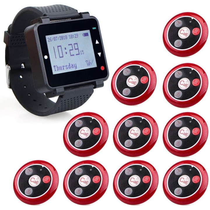 Sistem wireless de apelare RETEKESS T128, Cu ceas receptor si 10 senzori, Din PVC, Multicolor