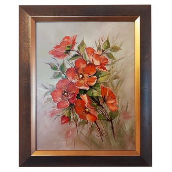 Tablou ArtDeco Flori de maces, pictura in ulei pe panza caserata pe MDF, dimensiuni exterioare cu rama 25 cm inaltime, 21 cm latime si 1 cm grosime, compozitie proprie Tablou ArtDeco Flori de maces, pictura in ulei pe panza caserata pe MDF, dimensiuni exterioare cu rama 25 cm inaltime, 21 cm latime si 1 cm grosime, compozitie proprie