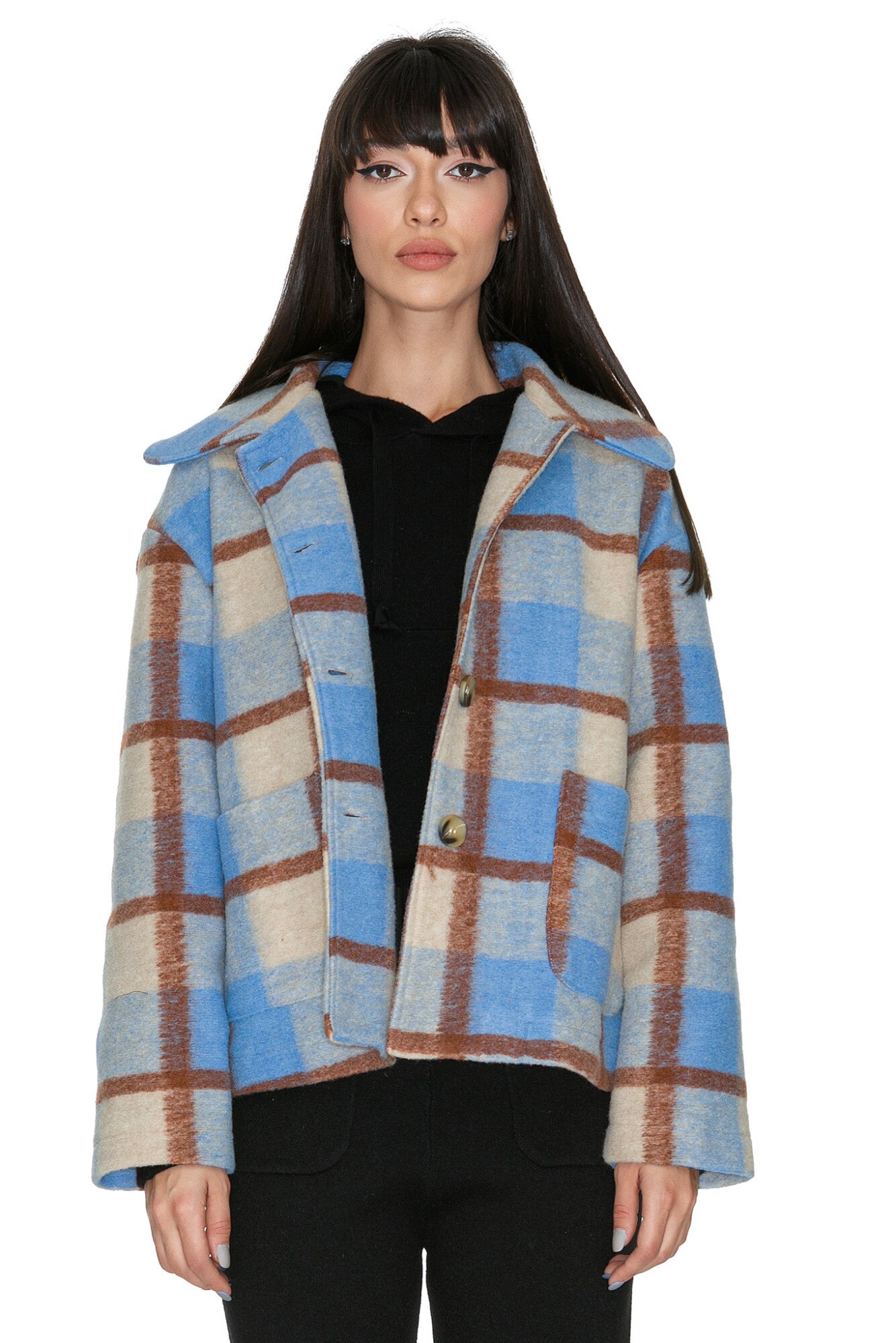 Camasa de dama in carouri, tip jacheta, CuAnna, Universal, Albastru, 36-38