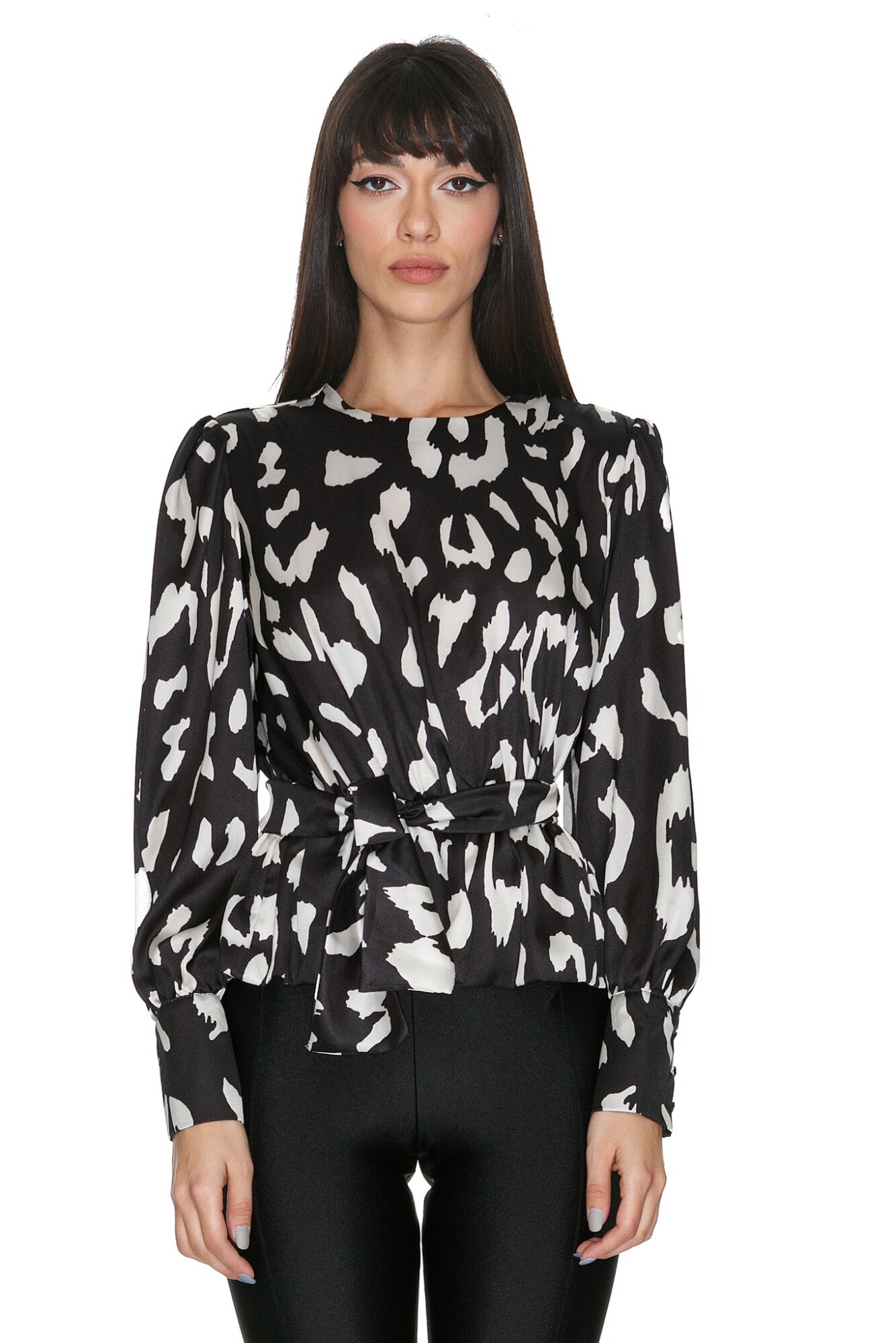 Camasa eleganta de dama, cambrata, cu cordon in talie, CuAnna, Alb/Negru, M