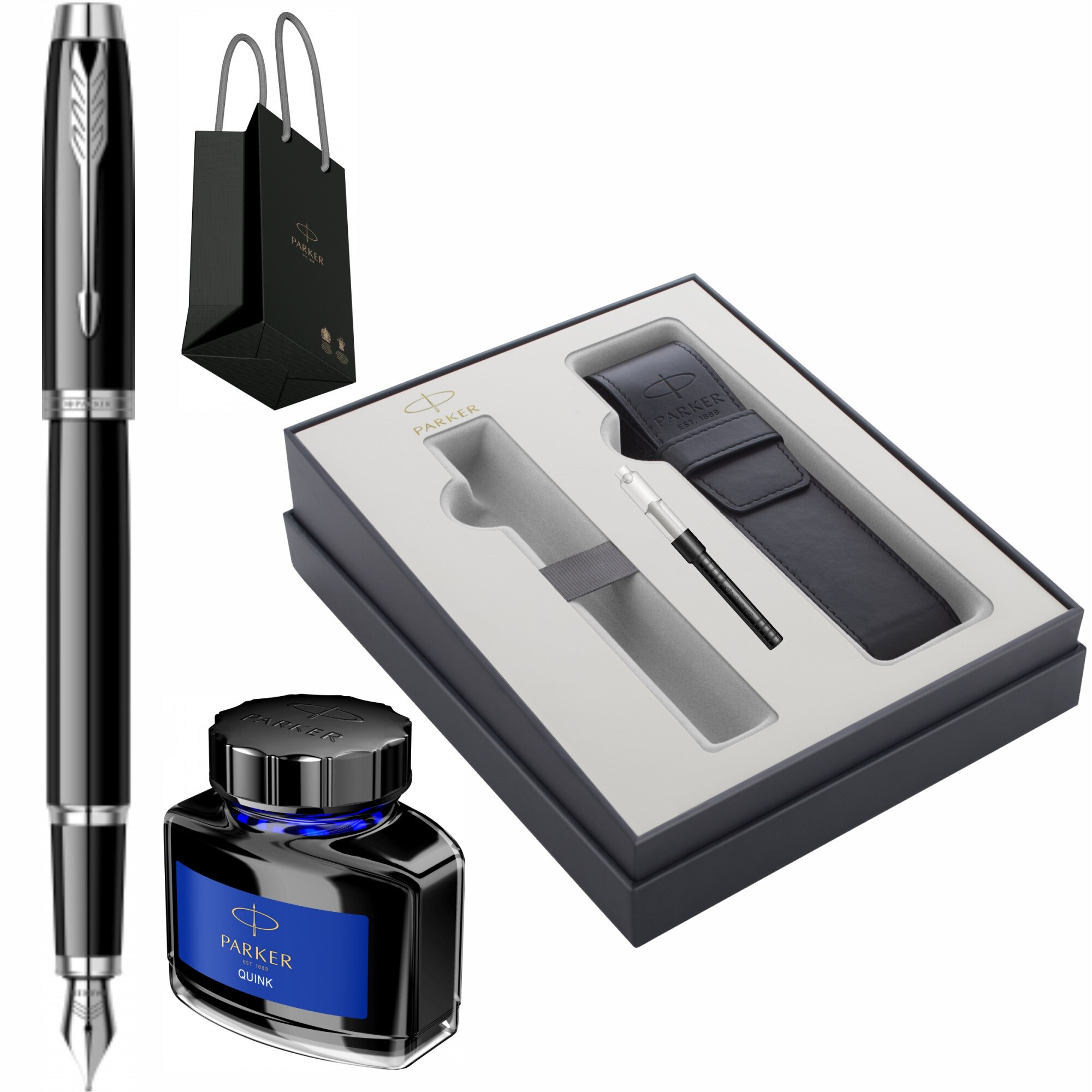 Set Stilou Parker IM Royal Black Lacquer CT Personalizat prin Gravura Laser in Cutie cu Etui Piele Parker Focus Collection, convertor standard Parker, calimara cerneala Parker si Punga Parker