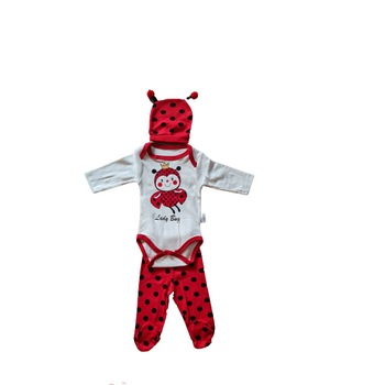 Set hainute body 3 piese pentru bebe, Buburuza, Alb - Rosu Set hainute body 3 piese pentru bebe, Buburuza, Alb - Rosu