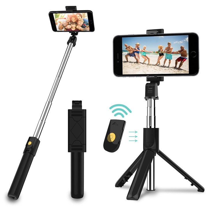 Bluetoothos Selfie bot, 270°-ban forgatható, exponáló gombbal, 19-70cm, tripod állvány, fekete szelfi bot