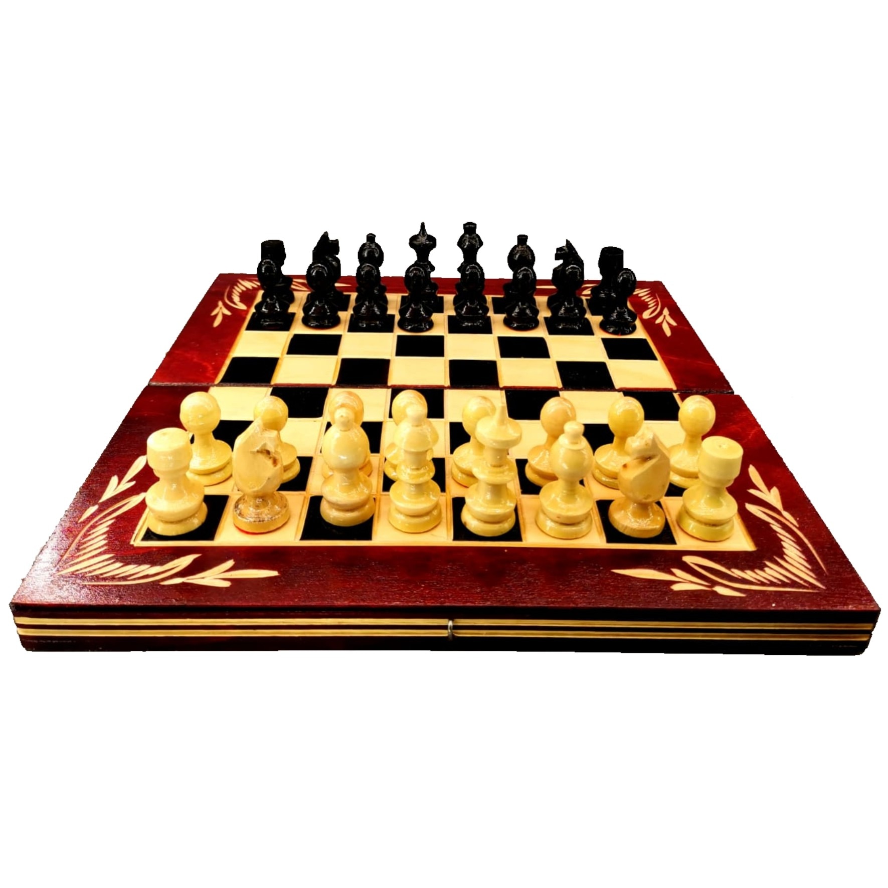 Joc sah si table 26x26 cm romanesc, din lemn sculptat manual, visiniu-negru