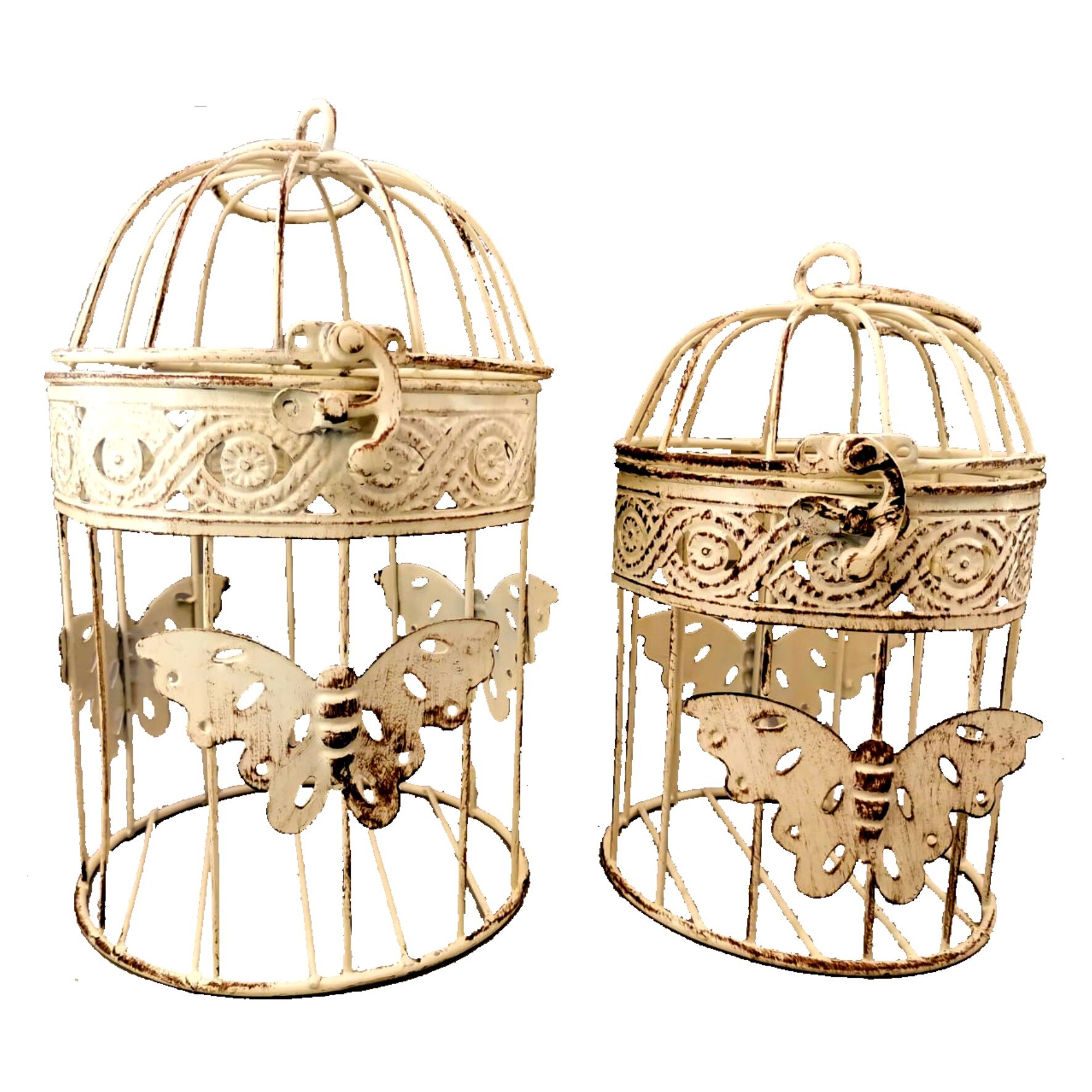 Set suport metalic pentru flori, tip colivie, Claum, 2 bucati/set, alb antichizat, 17-2/8