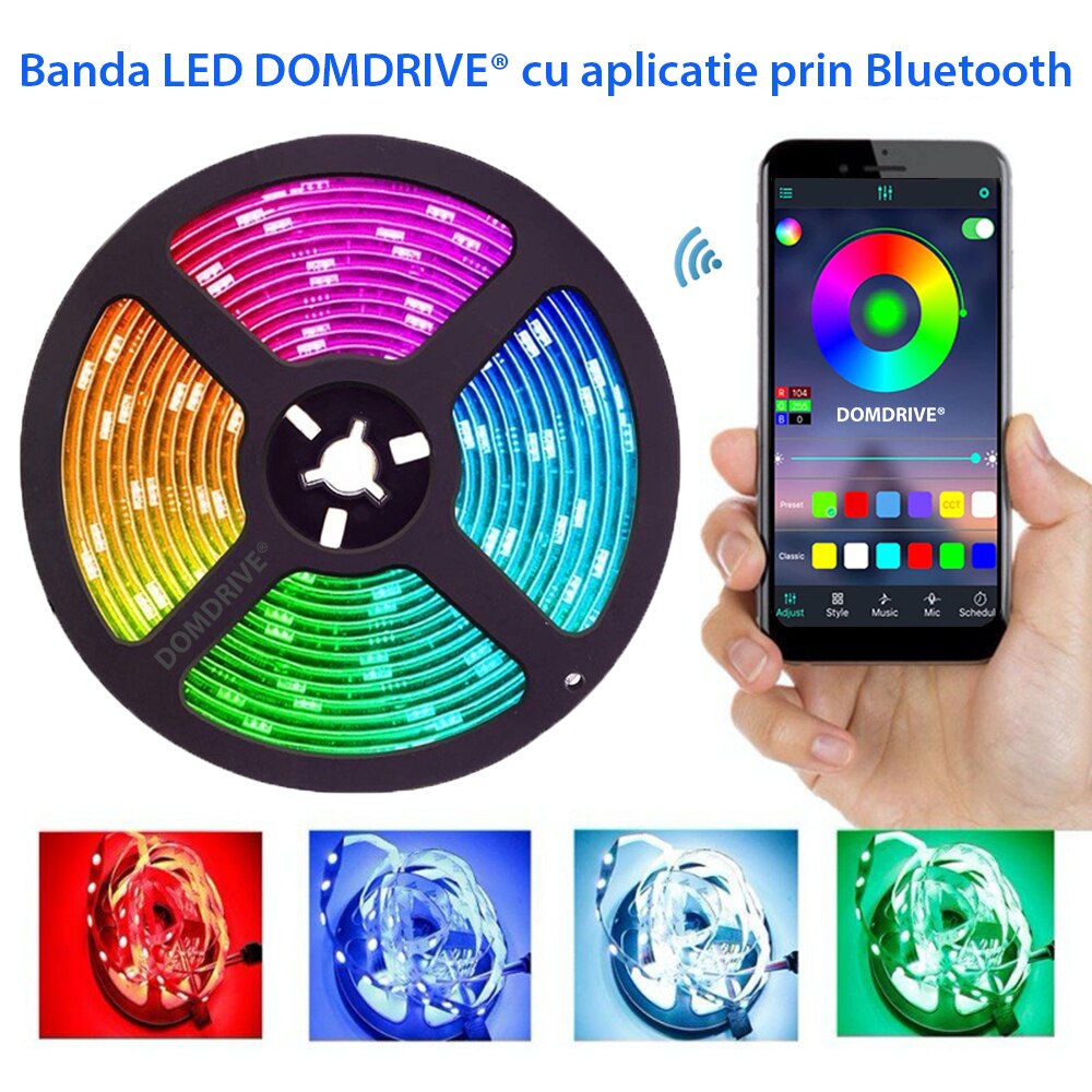 Banda RGB 5050 inteligenta DOMDRIVE®, cu aplicatie telefon, 72W, IP65, 300 leduri, 5 metri - eMAG.ro
