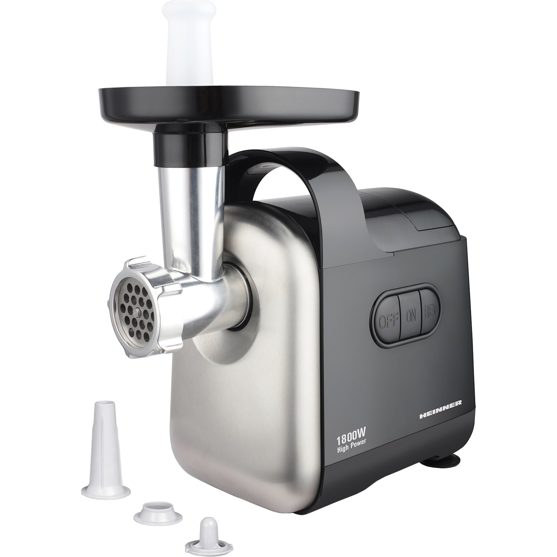 Masina de tocat Heinner Black Tail MG-D1800BK, 1800W, capacitate de tocare: 1.7 kg/min, accesoriu pentru carnati si kibbe, cutit din otel inoxidabil, 2 site de tocare (5/7 mm), functie