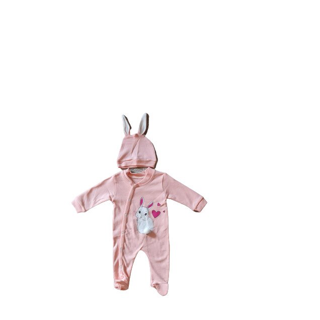 Set hainute body 2 piese pentru bebe, imprimeu iepuras, salopeta si caciulita 0-3 luni, bumbac