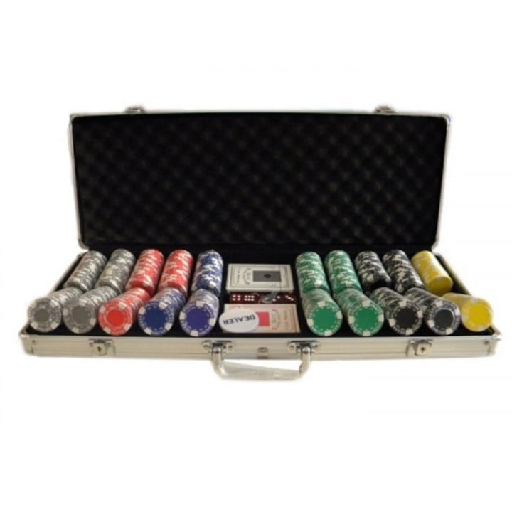 Pókerjáték 500 zseton és 2 pár kártya az aktatáskában