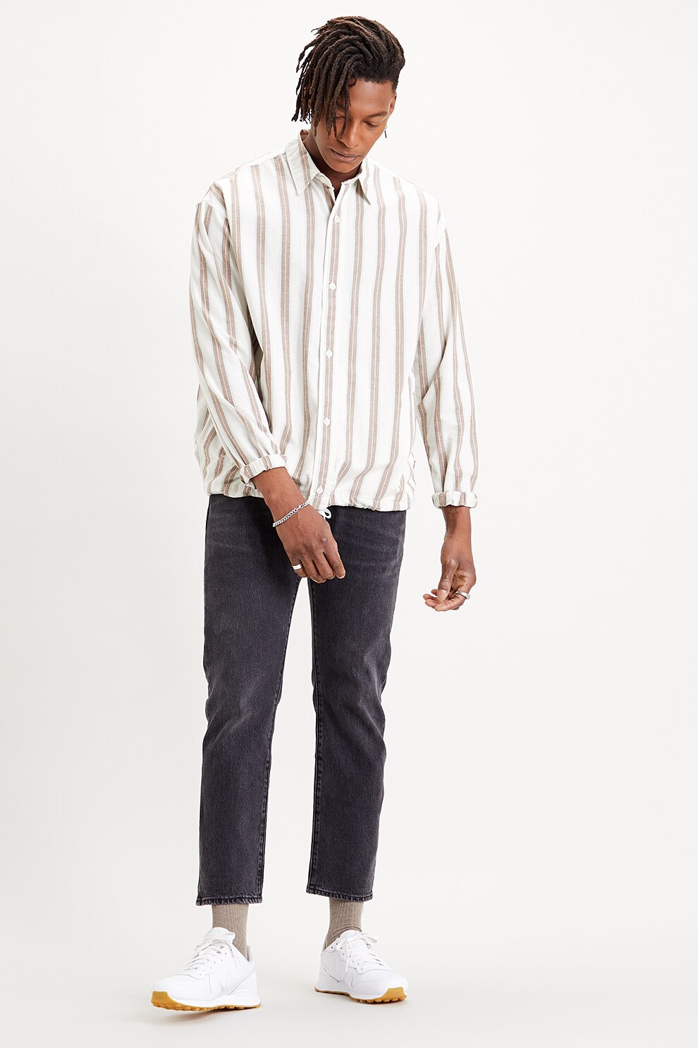 Levi's, Jacheta tip camasa cu model cu dungi, Alb/Maro