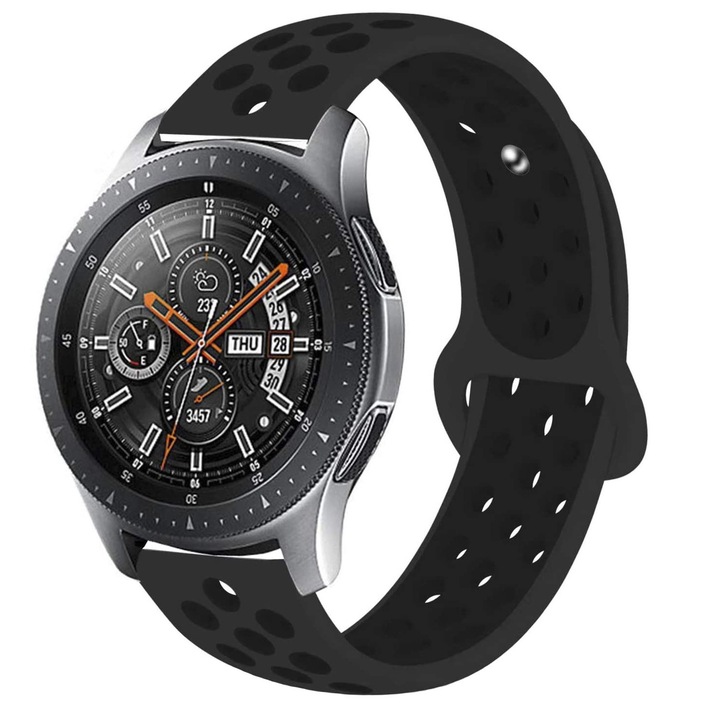 Curea silicon ZAFIT™ 20 mm, design Sport, compatibila cu Samsung Galaxy Watch 42mm, Huawei Watch GT 2 42mm, sau orice ceas de 20mm latimea curelei; NEGRU/NEGRU CS03