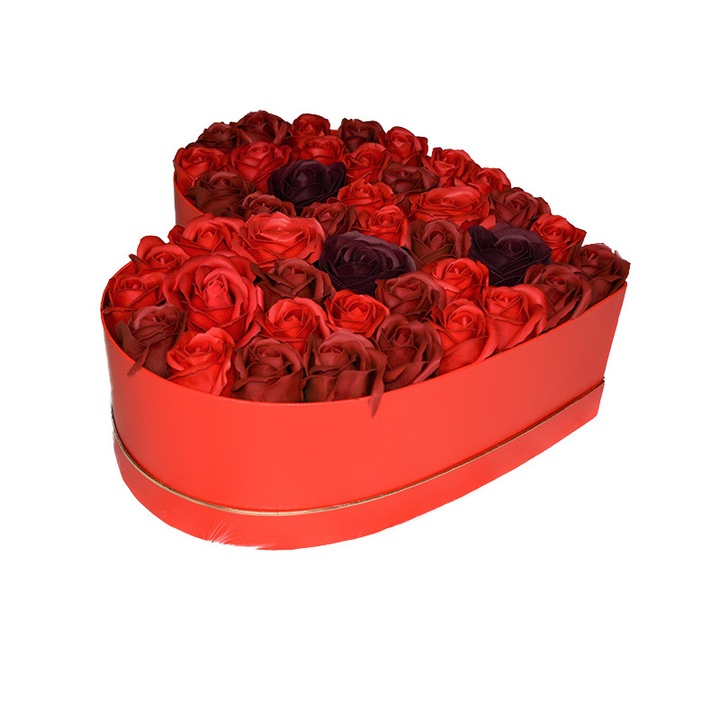 Virágkompozíció Red Passion szívdoboz 45 szappanrózsával
