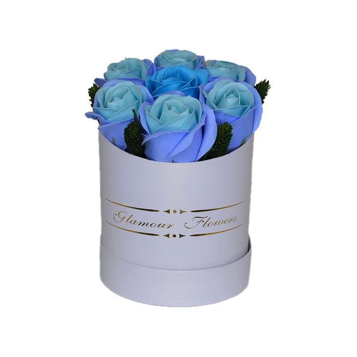 Aranjament floral Glamour Flower Bleu cutie rotunda cu 7 trandafiri sapun