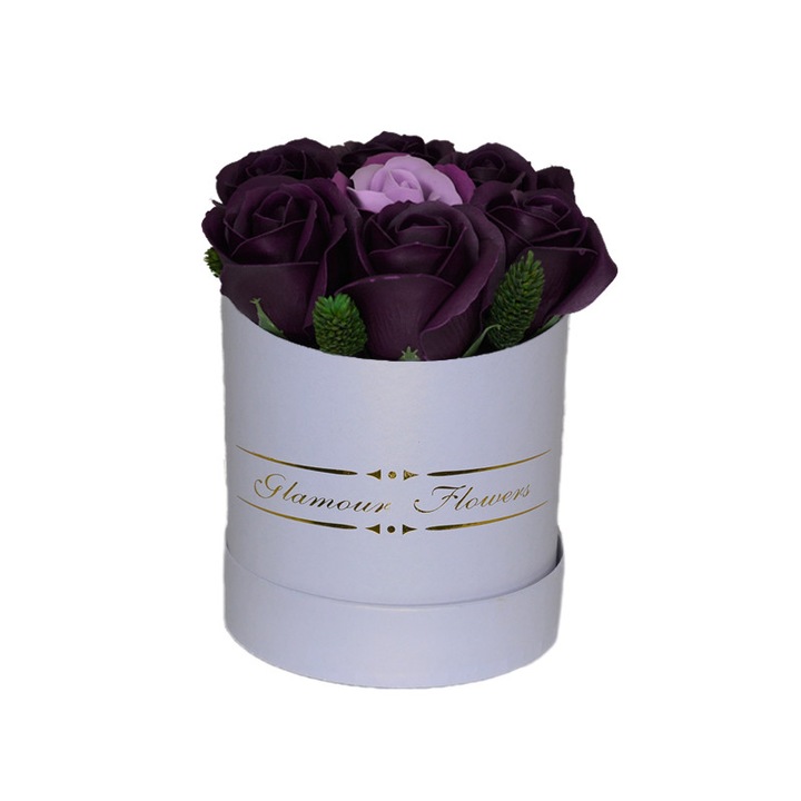 Aranjament floral Glamour Flower Purple cutie rotunda cu 7 trandafiri sapun