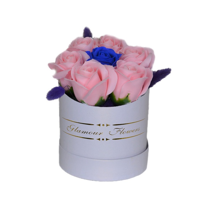 Aranjament floral Glamour Flower Pink cutie rotunda cu 7 trandafiri sapun