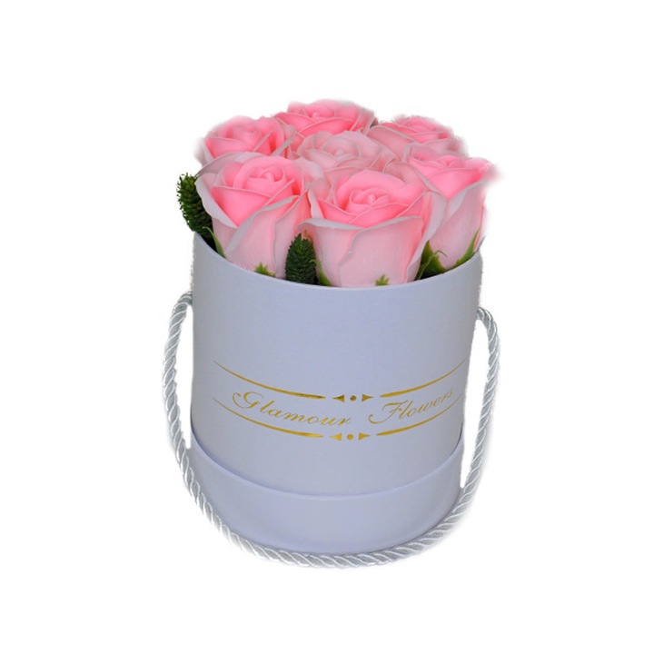 Aranjament floral Glamour Flower Rose cutie rotunda cu 7 trandafiri sapun