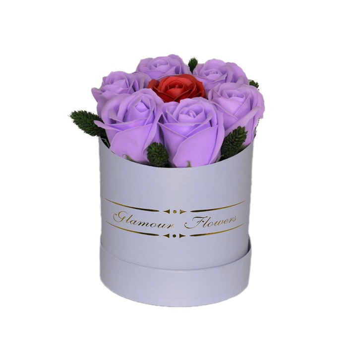 Aranjament floral Glamour Flower Lyla cutie rotunda cu 7 trandafiri sapun