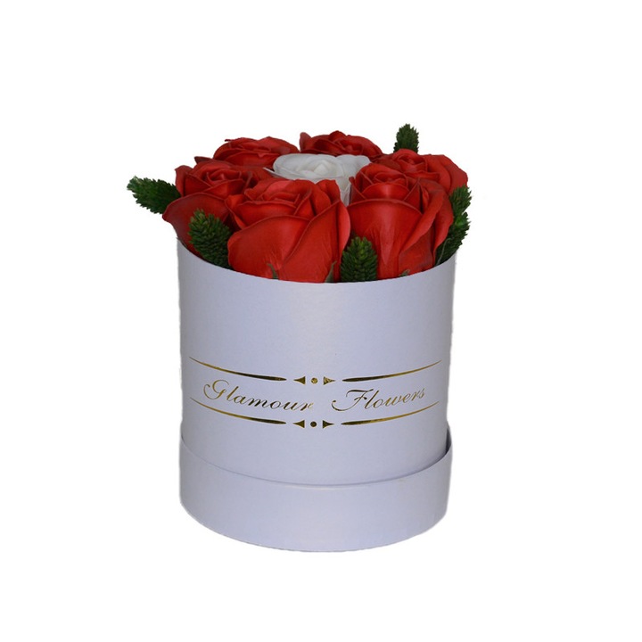 Aranjament floral Glamour Flower Red cutie rotunda cu 7 trandafiri sapun