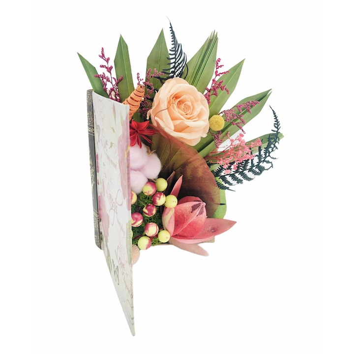 Aranjament floral personalizabil, Eventissimi, cutie cadou, carte, trandafir criogenat, licheni si plante uscate multicolor