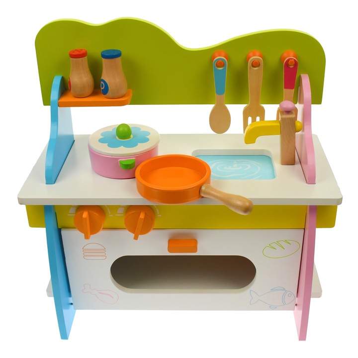 Set Bucatarie de jucarie din lemn, cu ustensile, multicolor