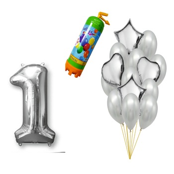 Set 15 baloane Aniversare , pentru 1 an, cifra 1 metru ,Argintiu cu Butelie Heliu Set 15 baloane Aniversare , pentru 1 an, cifra 1 metru ,Argintiu cu Butelie Heliu