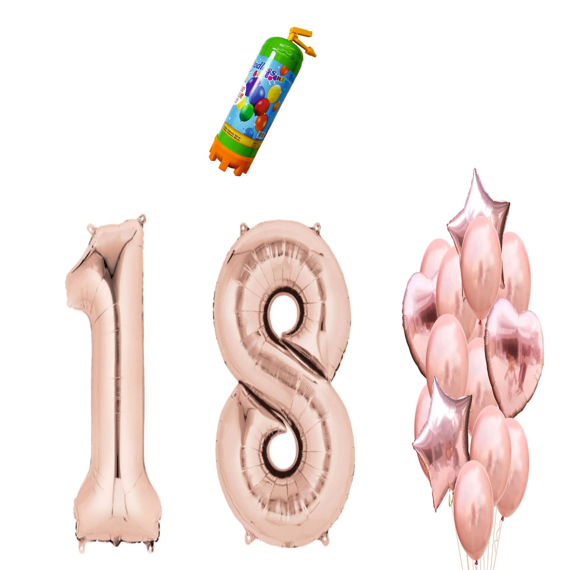 Set 16 baloane Aniversare , pentru 18 ani, cifra 1 metru ,roz gold cu Butelie Heliu