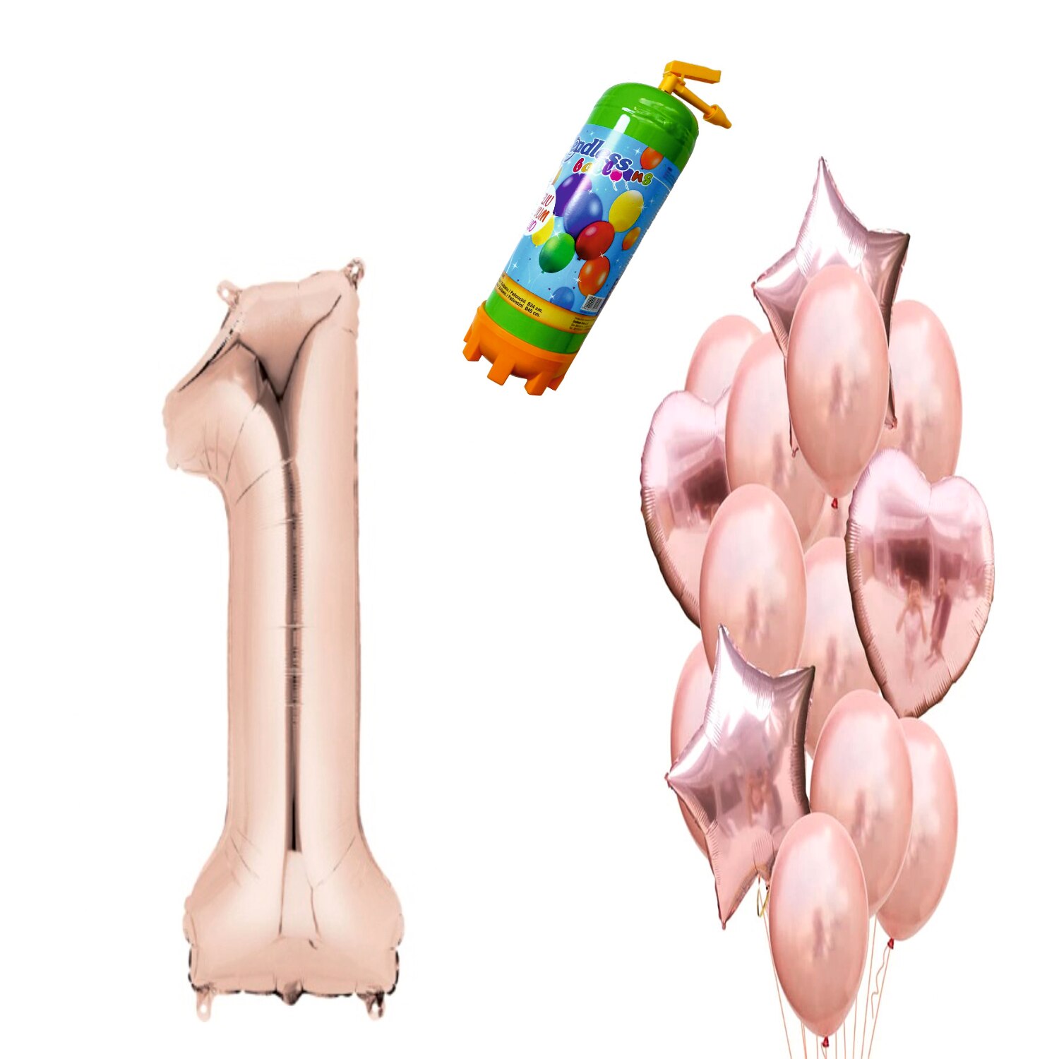 Set 15 baloane Aniversare , pentru 1 an, cifra 1 metru ,roz gold cu Butelie Heliu