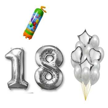 Set 16 baloane Aniversare , pentru 18 ani, cifra 1 metru ,Argintiu cu Butelie Heliu Set 16 baloane Aniversare , pentru 18 ani, cifra 1 metru ,Argintiu cu Butelie Heliu