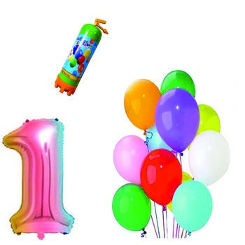 Set 15 baloane Aniversare , pentru 1 an, cifra 1 metru ,multicolor cu Butelie Heliu Set 15 baloane Aniversare , pentru 1 an, cifra 1 metru ,multicolor cu Butelie Heliu