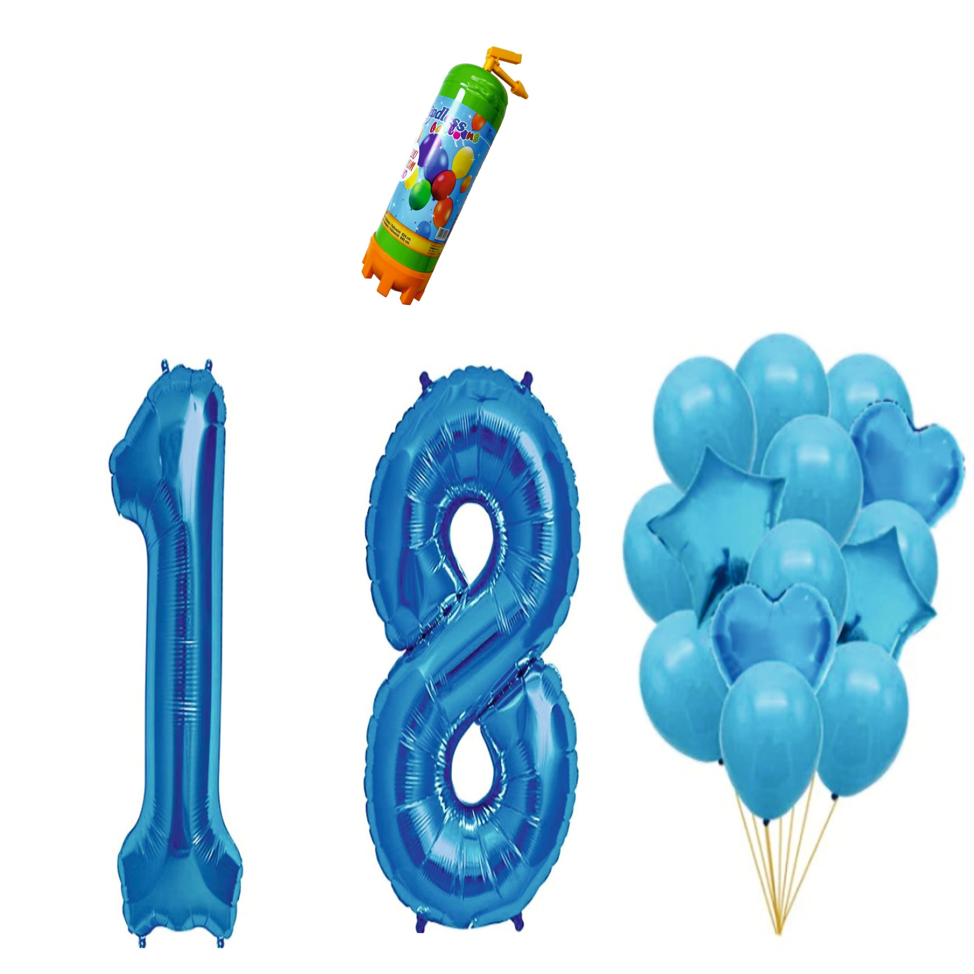Set 16 baloane Aniversare , pentru 18 ani, cifra 1 metru ,Albastru cu Butelie Heliu
