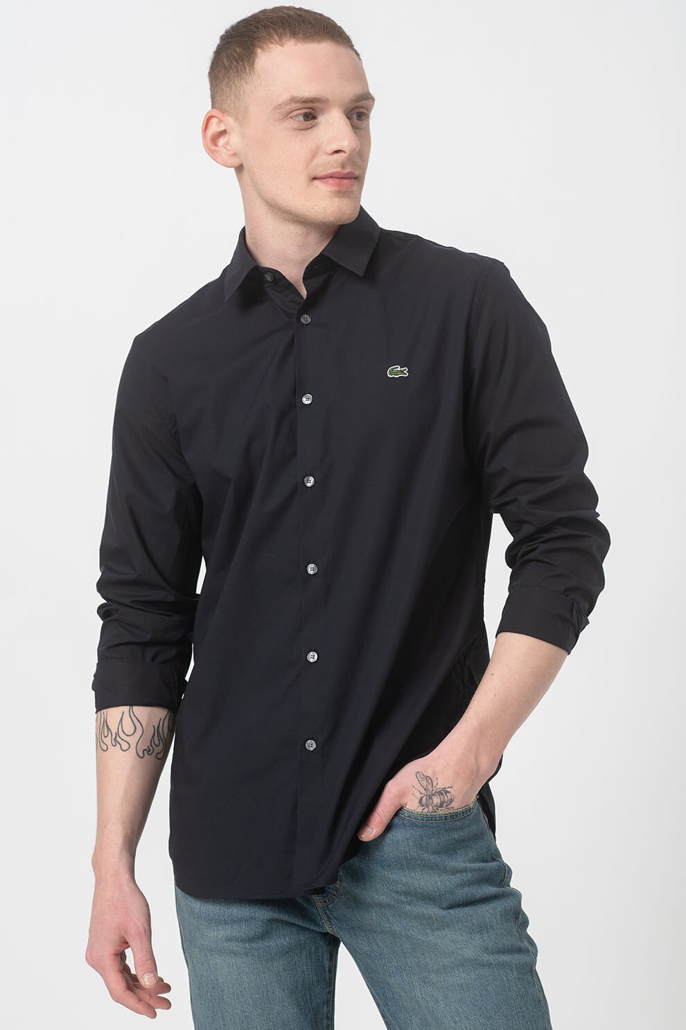 Lacoste, Camasa slim fit cu logo brodat pe piept, Bleumarin inchis/Verde