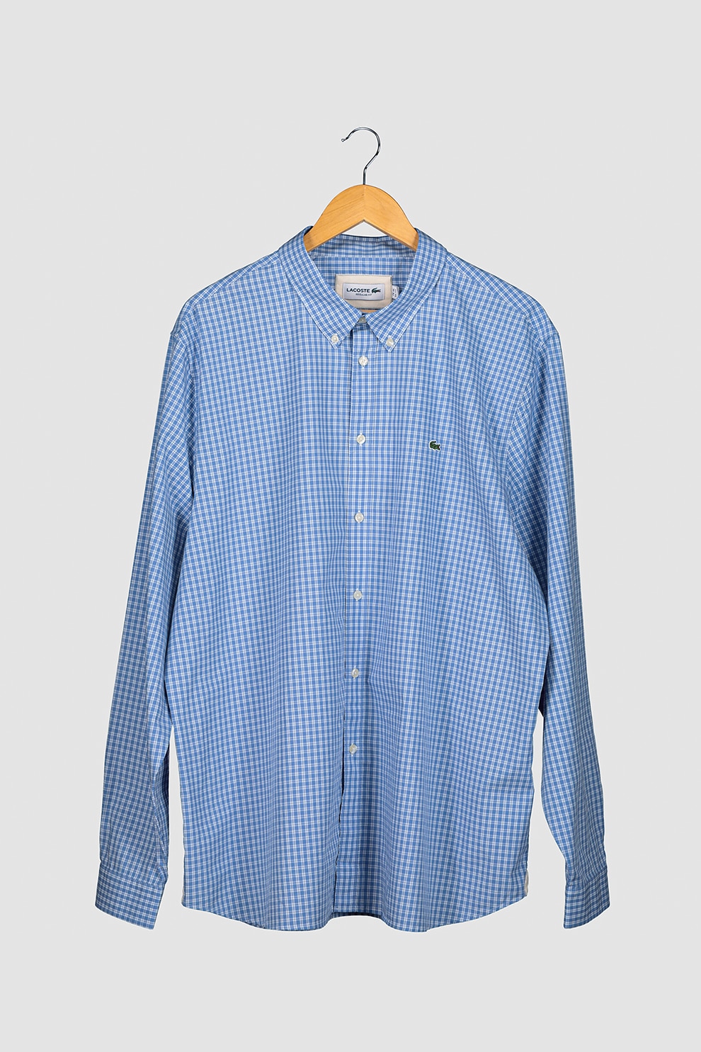 Lacoste, Camasa cu model in carouri si guler fixat cu nasturi, Albastru prafuit, S-M