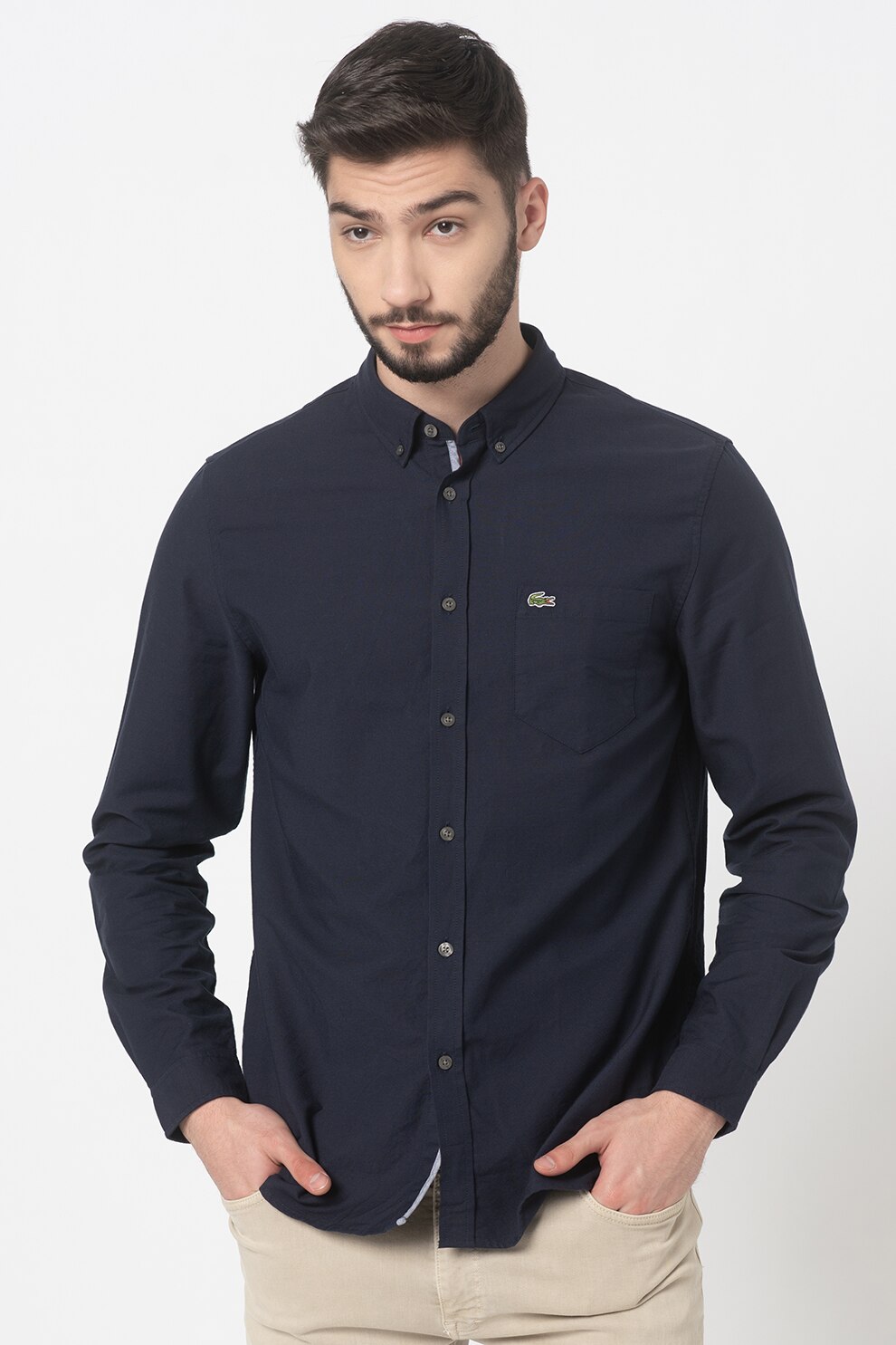 Lacoste, Camasa regular fit cu logo brodat, Bleumarin inchis